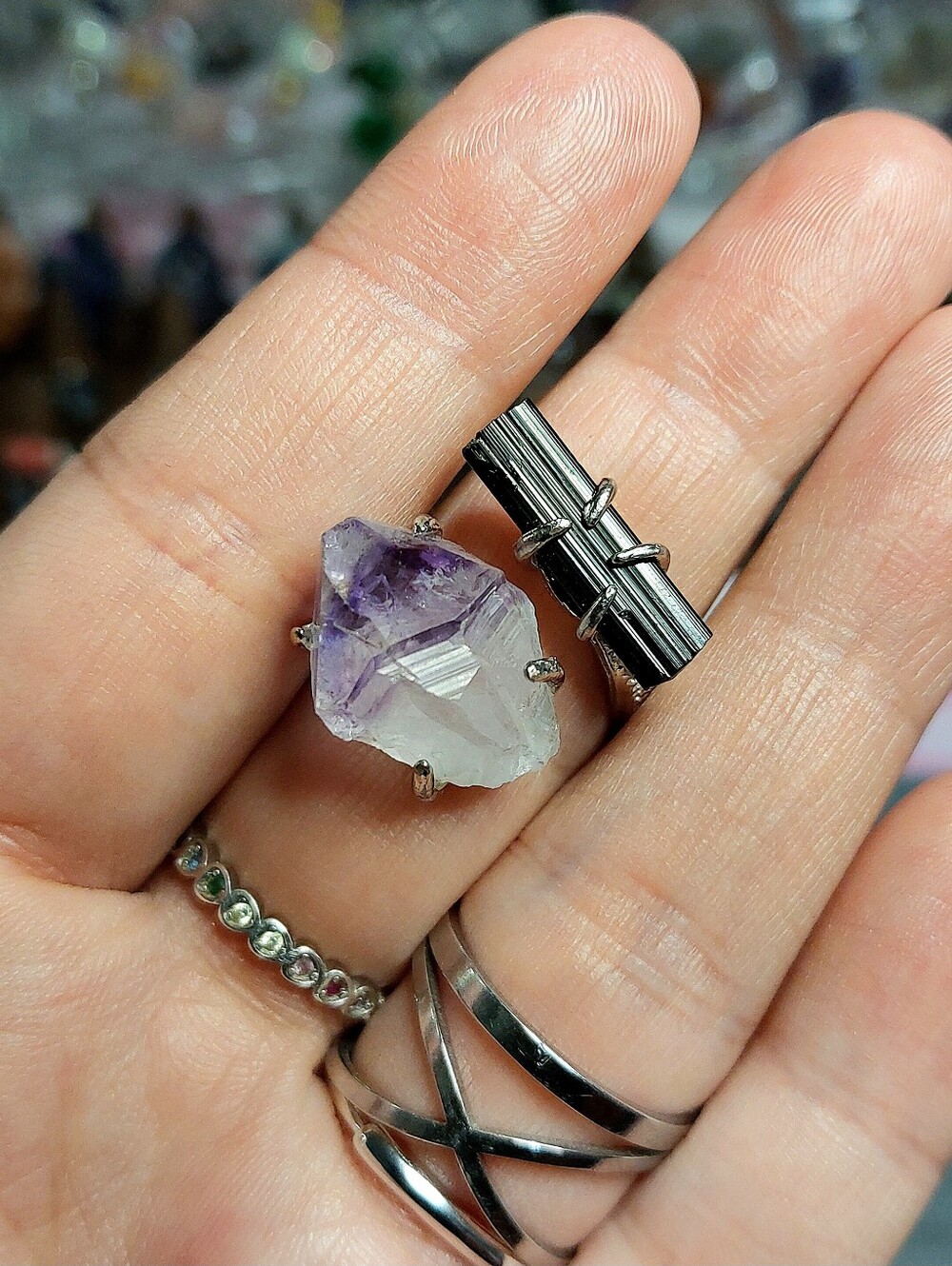 🪨⚒️ Duel Specimen Amethyst & Raw Black Tourmaline Copper Ring